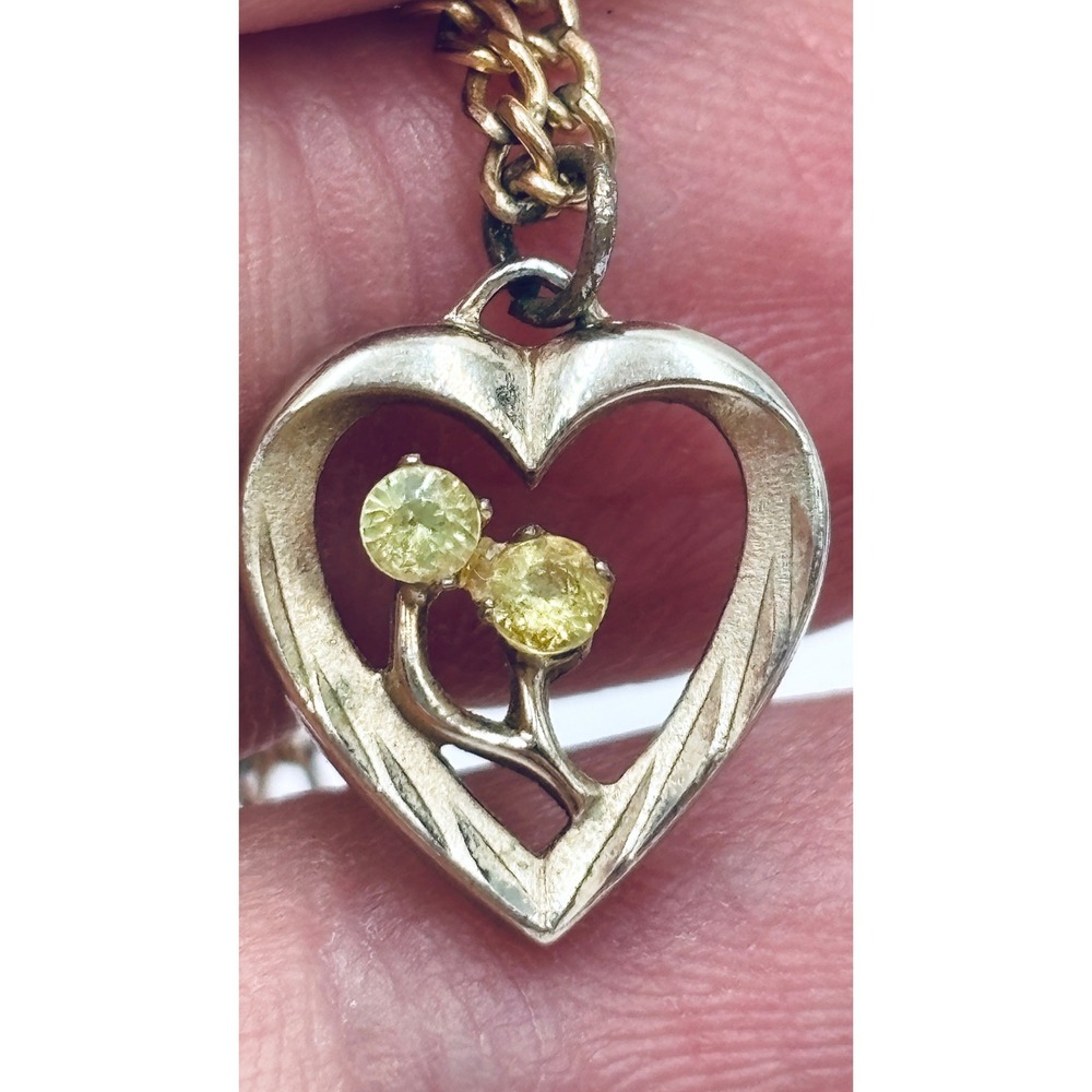 I.P.S. Vintage Gold Filled Heart Pendant Necklace Yellow Stones